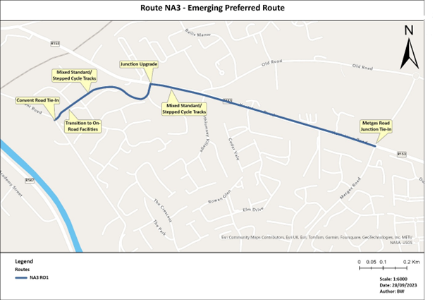 Map of Route NA3 - emerging preferred route from convent road to metges road as described above.