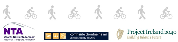 3 logos of the project sponsors. National Transpot Authority, Meath County Council and Project Ireland 2040, Building ireland's future.